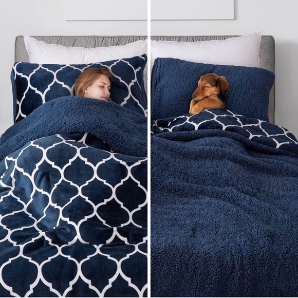 Sherpa Comforter Set King Pcs and Pillow Shams Reversible Navy